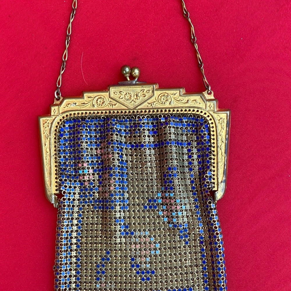 ANTIQUE / VINTAGE CIRCA 20’S-30’S ART DECO METAL MESH ENAMEL CHAIN PURSE - Picture 2 of 4